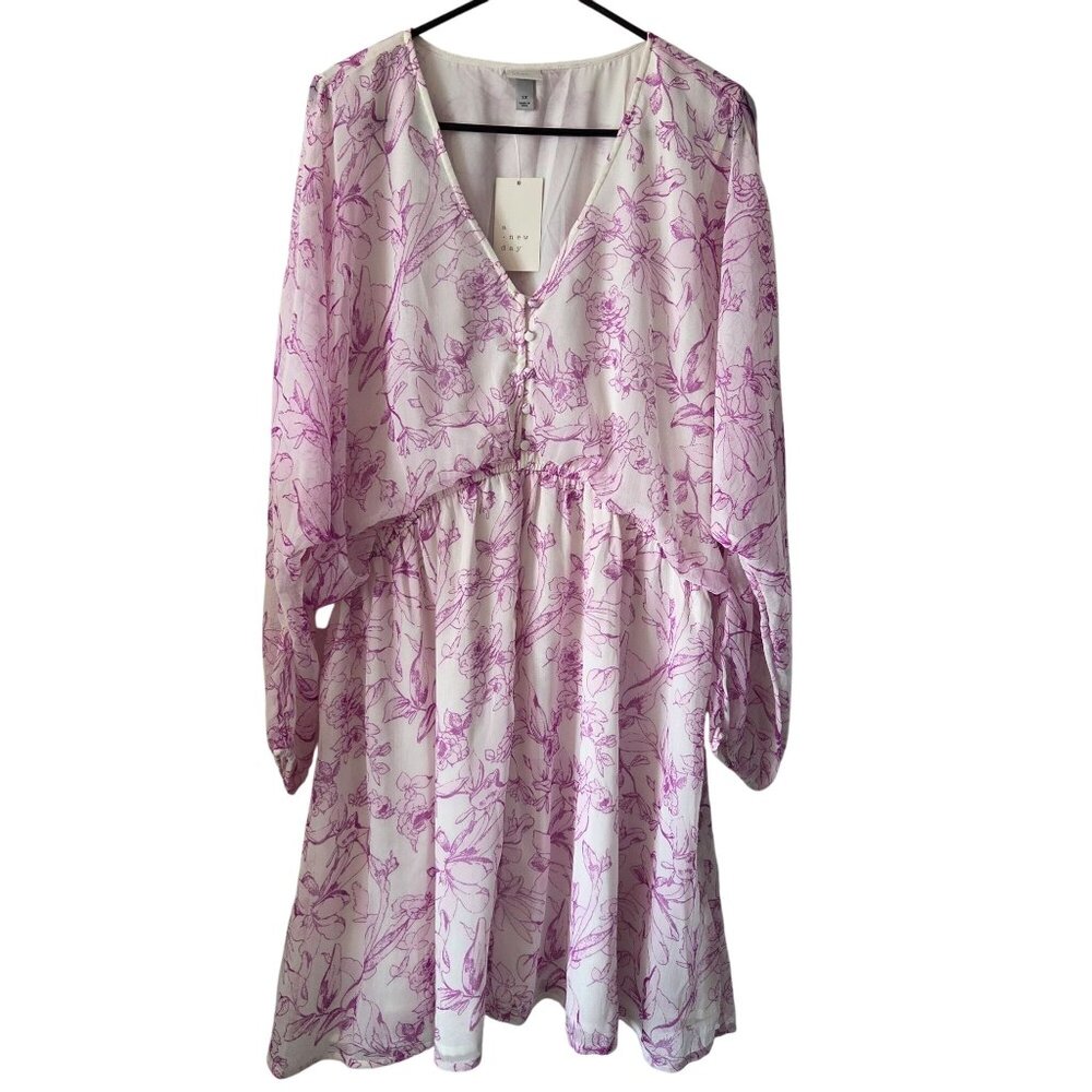 A New Day Womens Size 1X Floral Print V-Neck Long Sleeve Dress Lined Pockets NEW